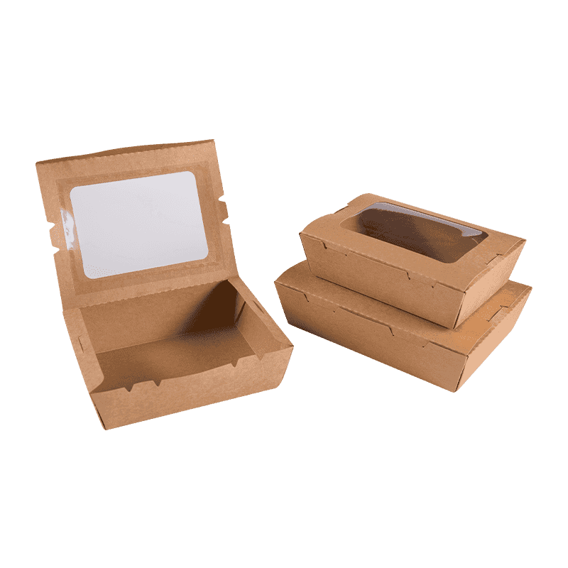 Cajas de comida desechables de papel kraft con una ventana para ensaladas y comidas para llevar