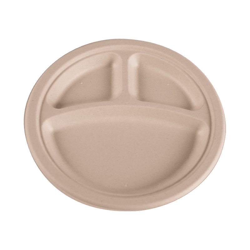 Plato redondo biodegradable y apto para microondas con 3 compartimentos