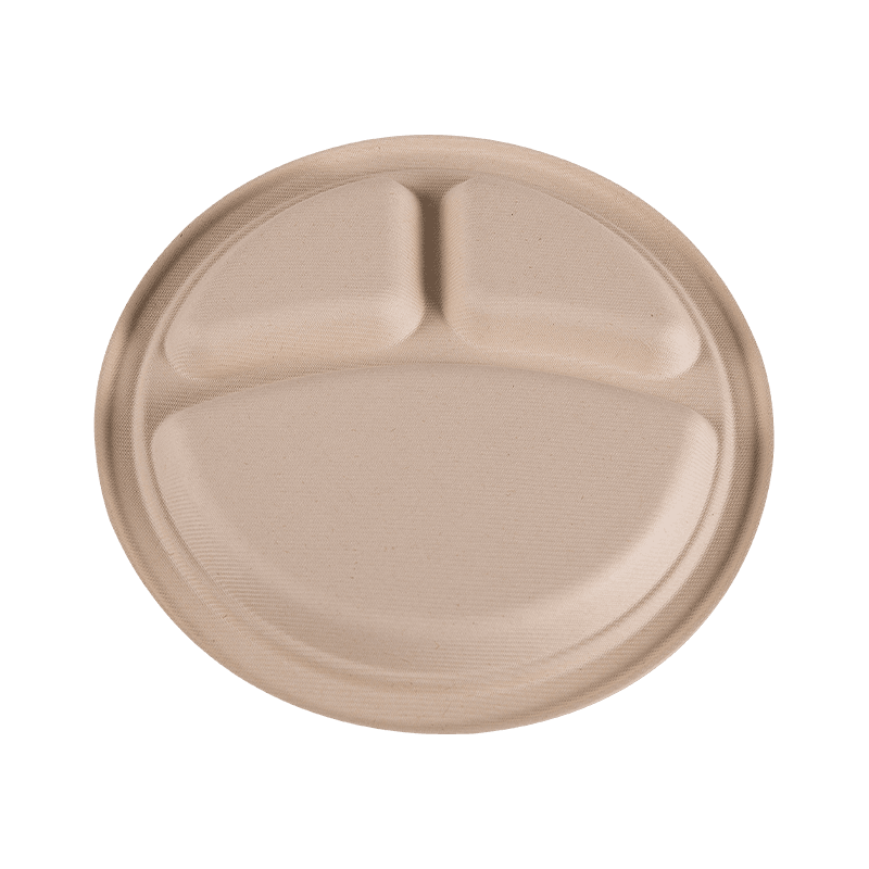 Plato redondo biodegradable y apto para microondas con 3 compartimentos