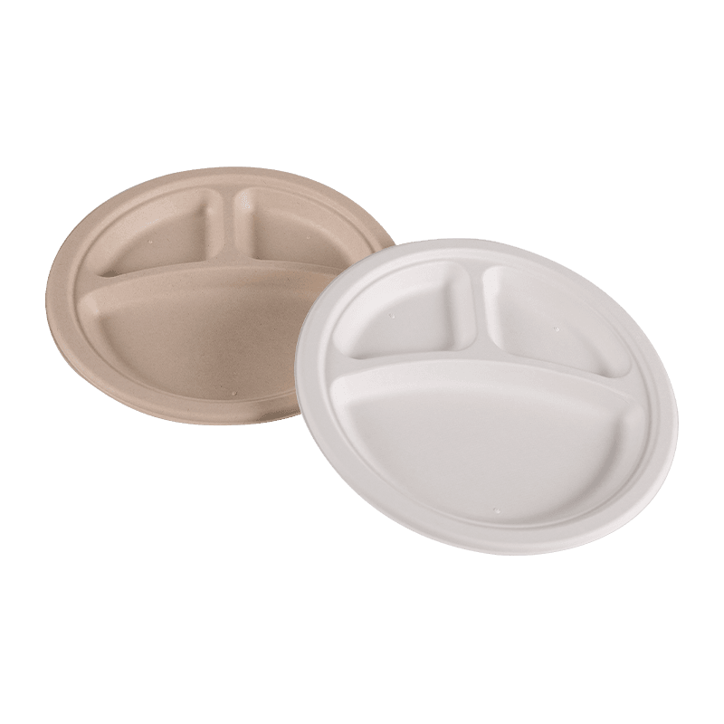 Plato redondo biodegradable y apto para microondas con 3 compartimentos